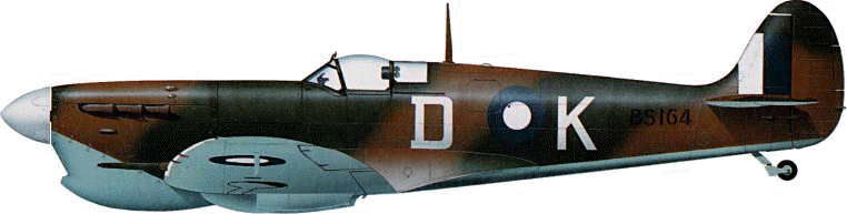 Spitfire Mk Vc (with Vokes tropical filter) flown by Squadron Leader E. Gibbs of 54 Squadron RAAF, based at Darwin in early 1943